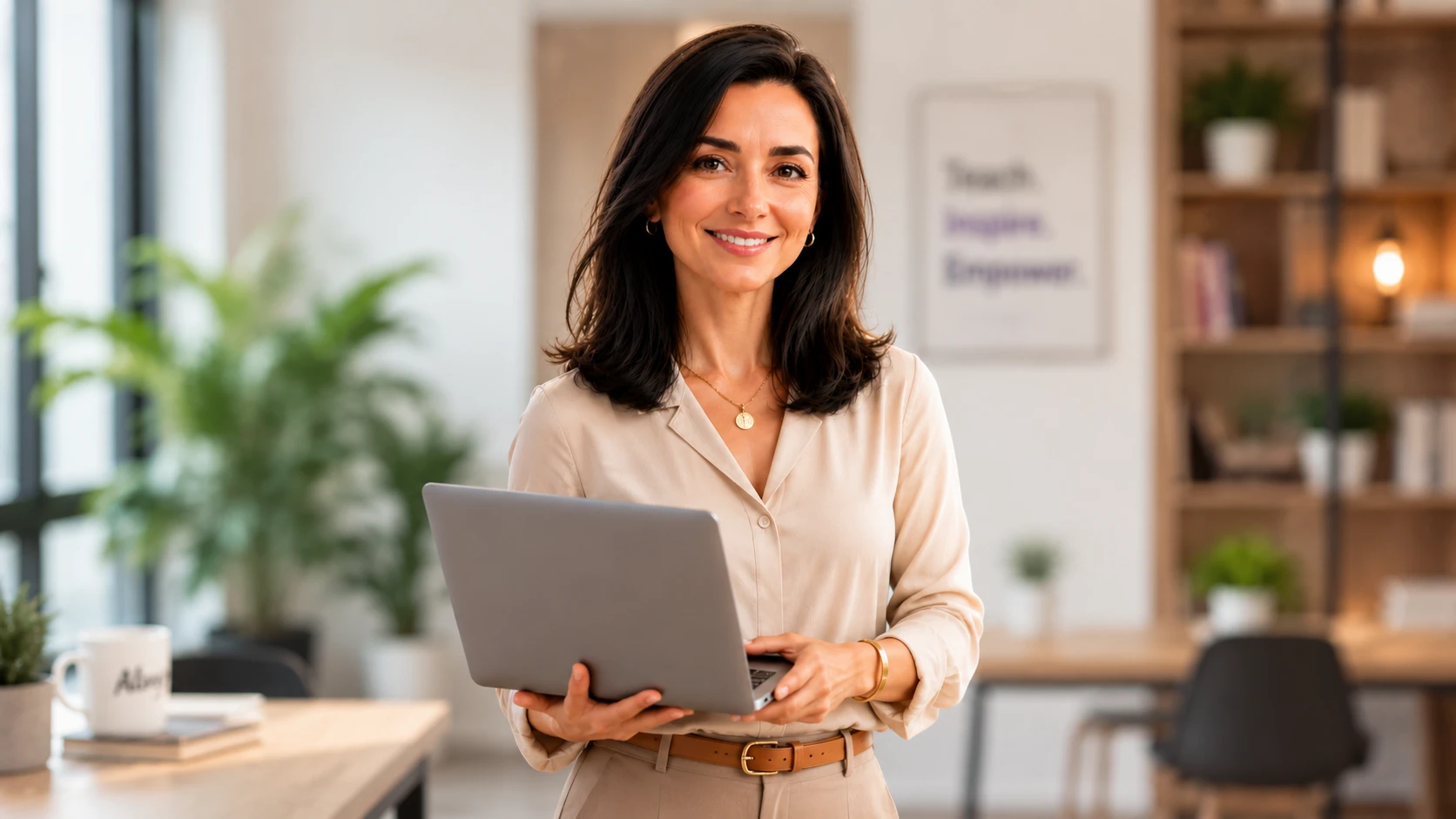 Professora de idiomas com o computador